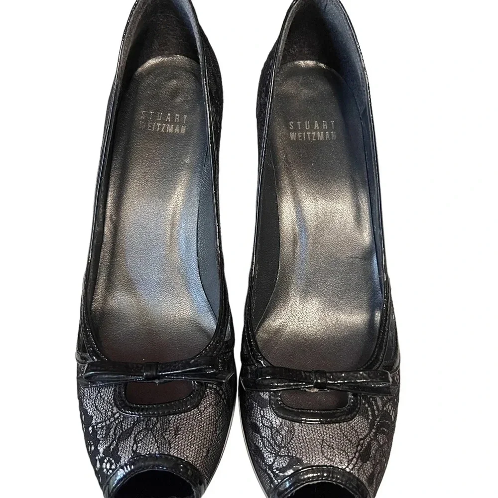 Stuart Weitzman Silver Peep toe Pumps with Black Lace Overlay - Picture 4 of 11